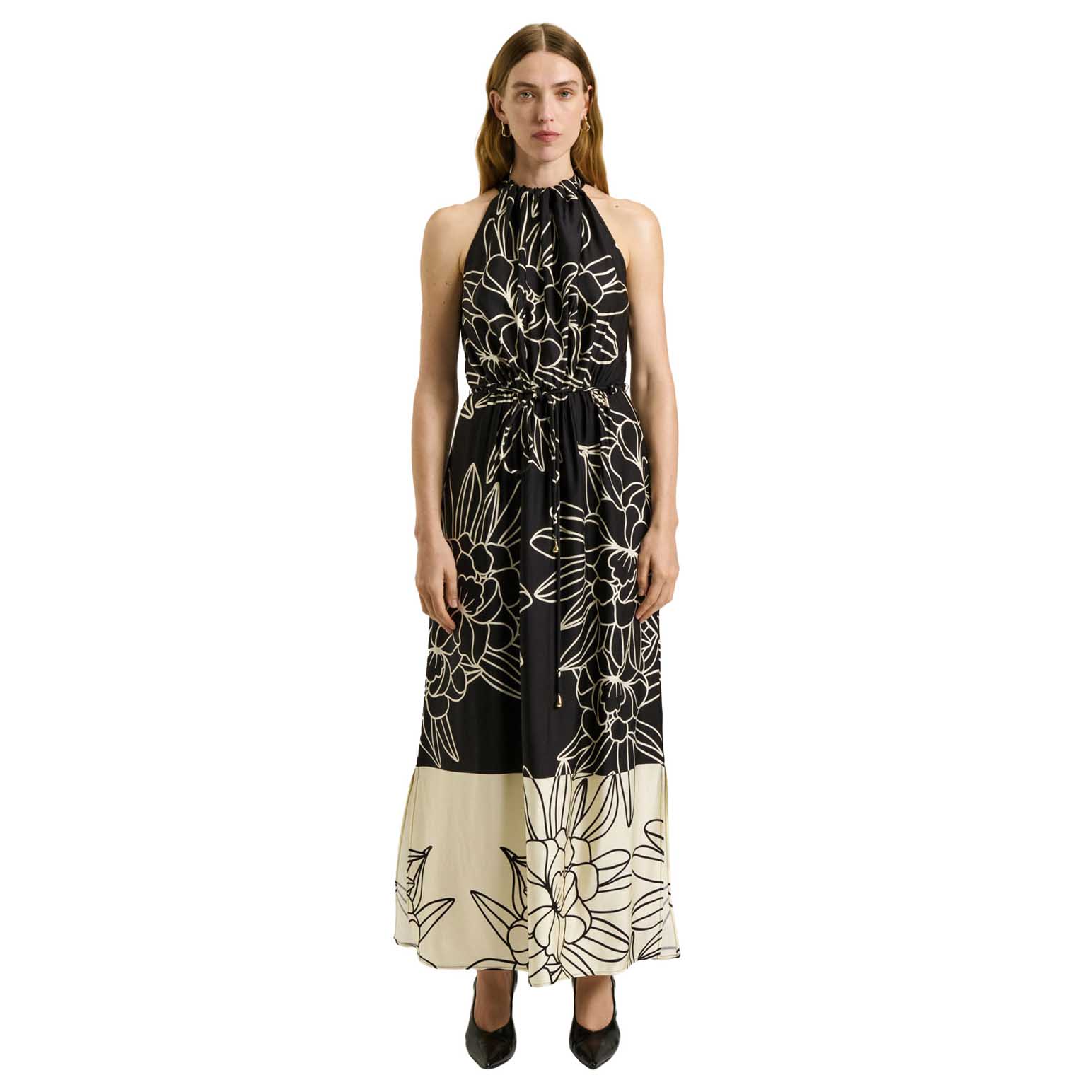 Veronika Maine Black Orchid Border Print Halter Maxi Dress